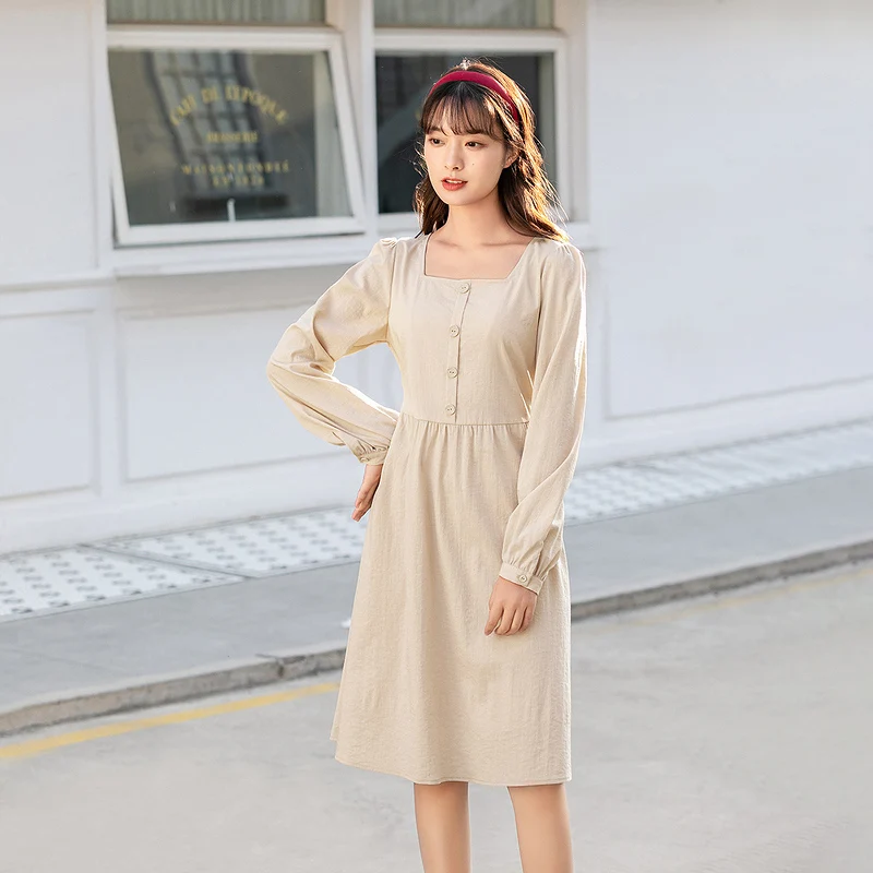 

INMAN/весенне-осеннее женское платье в минималистическом стиле с квадратным воротником и пуговицами, однотонная женская одежда с длинным рукавом