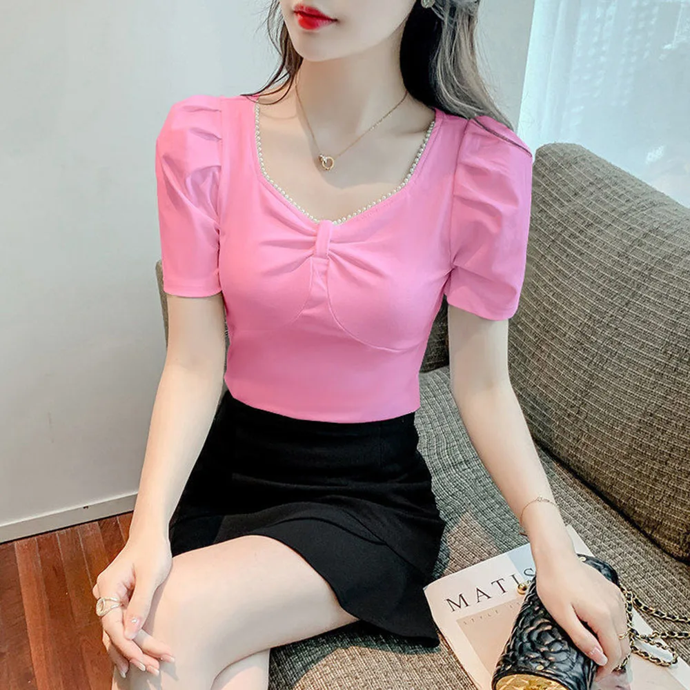 

Женские футболки бусина с бантиком, футболка с квадратным вырезом, женский топ с пышными рукавами, укороченный топ, женские футболки, одното...