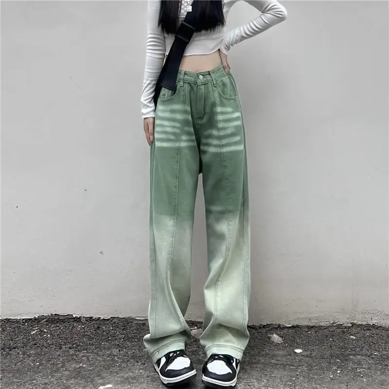 

New Fashion Niche Design Sense Retro Gradient Jeans Women's High Waist Straight Trousers Loose and Thin Wide Leg Pants Trendy