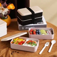 takeaway biodegradable food container bamboo fiber plastic bento lunch box bamboo lid and cutlery 2layer bento lunch box