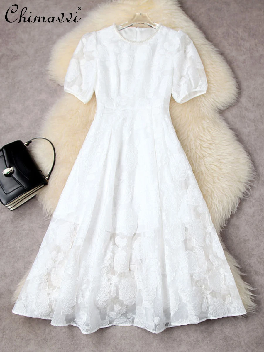 

2022 Summer Dresses Heavy Jacquard Beaded Lantern Sleeve Midi Dress for Women High Waist Slimming Temperament Fairy White Dress