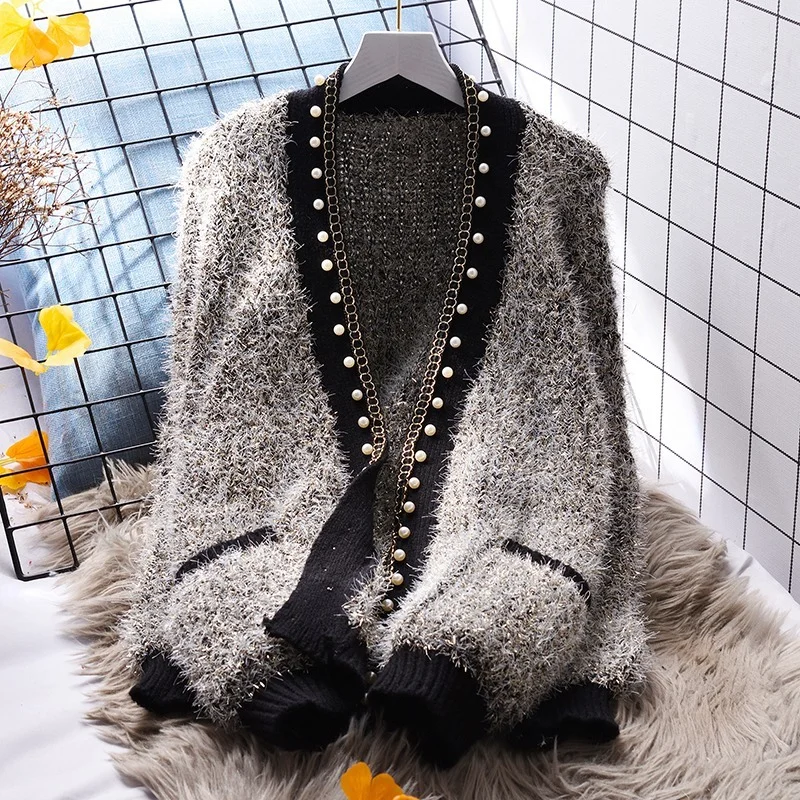 

Preppy Pearls Beaded Mink Cashmere Knitted Cardigan Mohair Fringed Sweater Coat Rivets Embroidery Jacket Knitwear OL Crop Tops