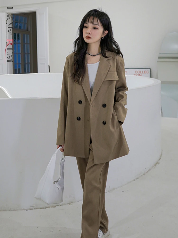 

LANMREM Blazer Suit For Women Double Breasted Notched Collar Blazer Loose Casual Set Korean Style Fashion 2022 Spring 2N669