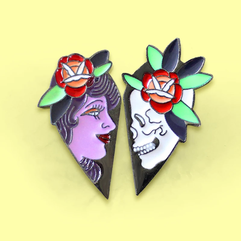 Брошь Эмаль Череп Скелет Роза Цветок Леди 2 Лепестки Сердце Лучшие Друзья