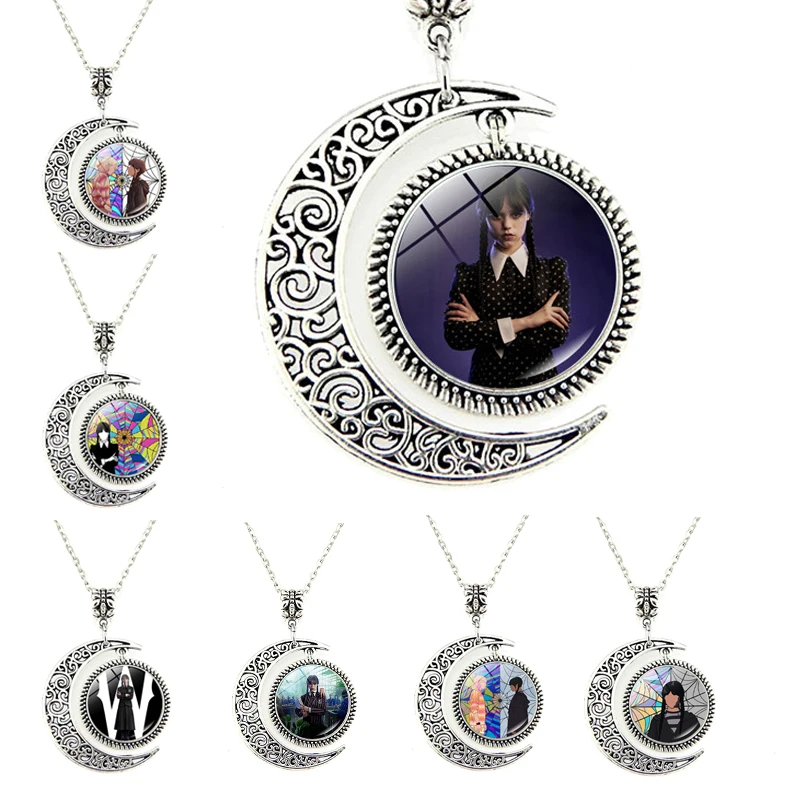 

Wednesday Addams Pendant Moon Necklace Jewlery Glass Cabochon Pendant Necklaces For Women Men Gift Jewelry