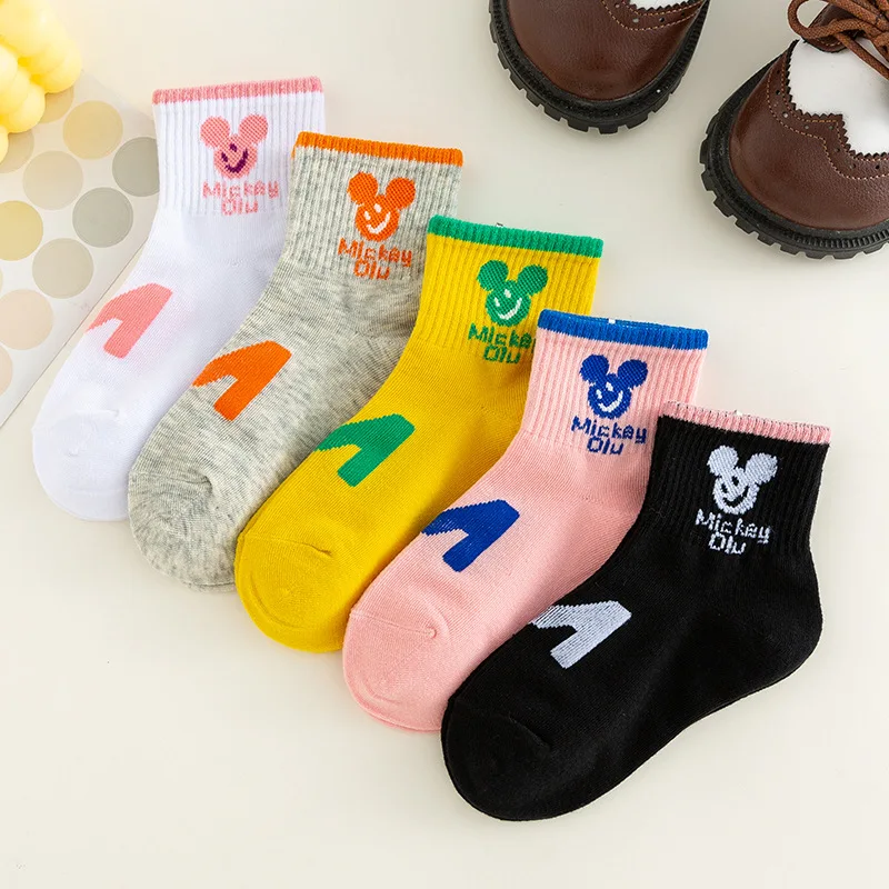 

Детские носки с диснеевским Микки, весенне-осенние хлопковые носки средней длины с мультяшным алфавитом, дышащие милые детские носки