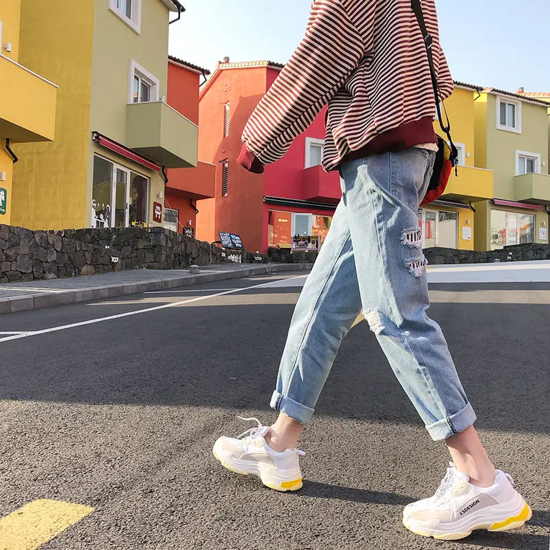 Summer Ripped Jeans Men's Loose Casual Student Versatile Cropped Pants Korean Style Trendy Light Color Pants Men's and Women's T