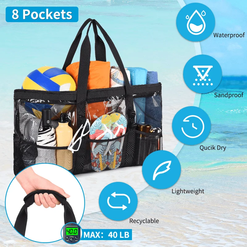 Mesh Beach Bag Larger Travel Tote Bag for Women Weekender Bag Overnight Bag Beach Tote Bag with 9 Pockets for Gym Travel Workout