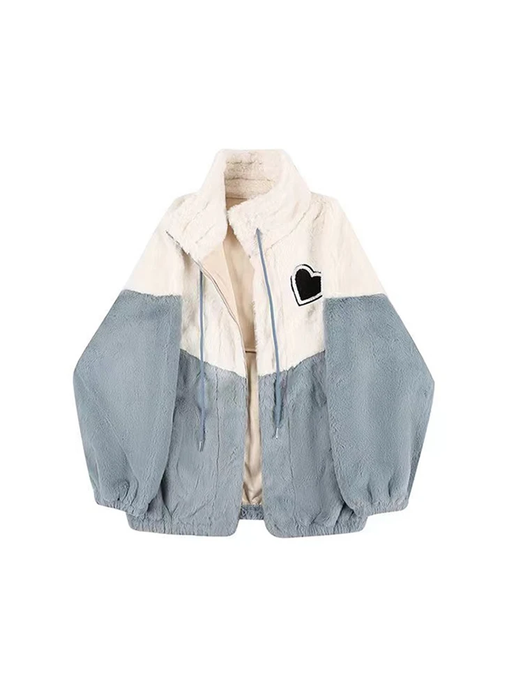 

2022 Women Autumn Winter Turn-down Collar Contrast Color Thick Outerwear Heart Print Loose Casual Drawstring Pleated Plush Coat