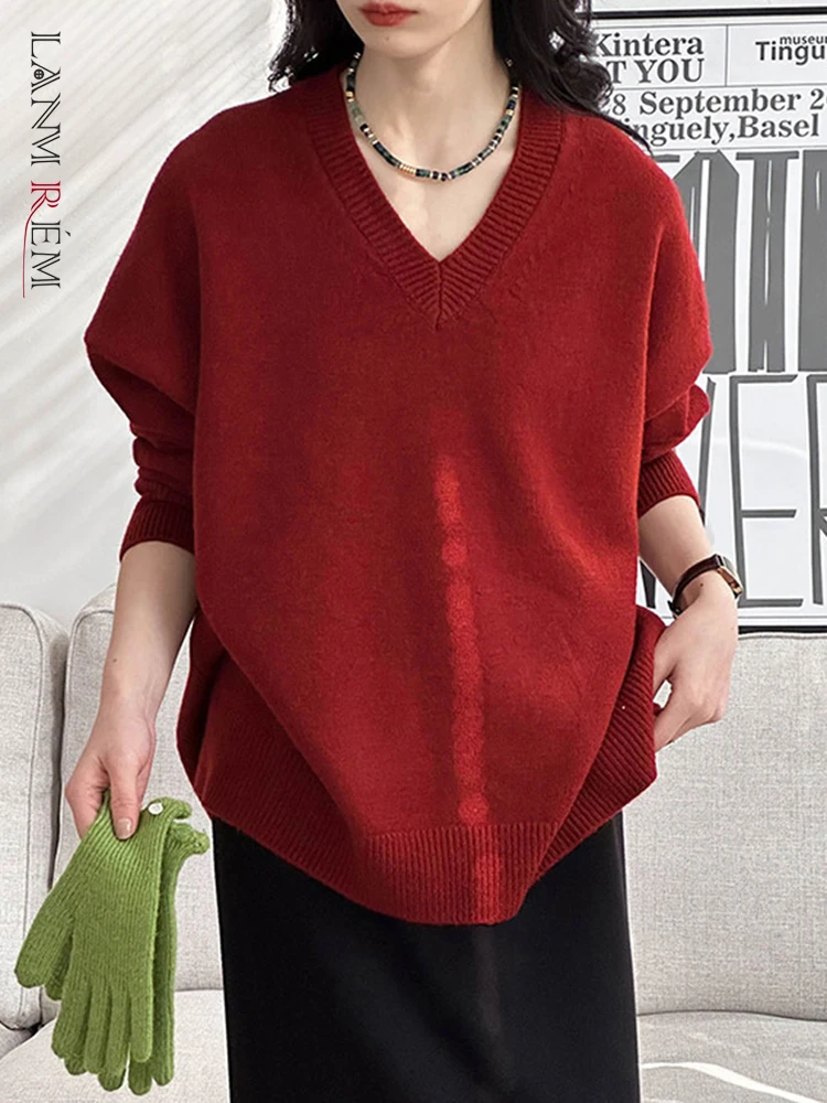 

[LANMREM] Fashion V Neck Knitting Pullover Sweater For Women Long Sleeve Casual Loose Thick Warm Tops 2023 Winter New 26D7550