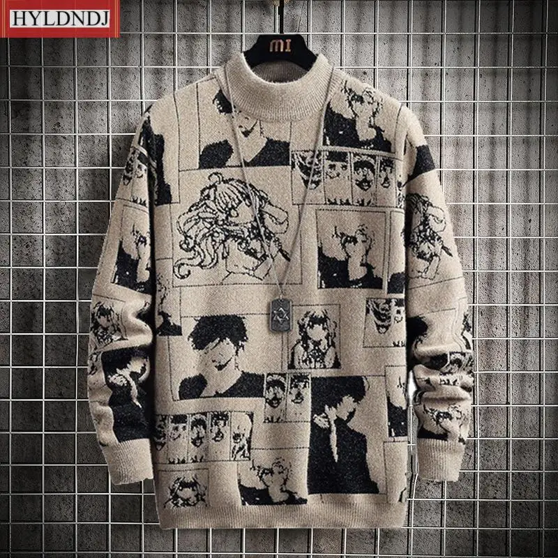 Men Winter Sweaters Long Sleeve Pullovers Anime Clothes Men Streetwear Cartoon Pattern Mock Neck Sweater Japan Anime Sweater