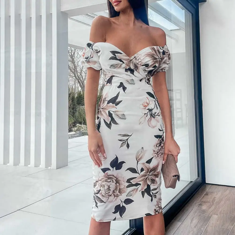 

Stylish Party Dress back center slit skirt Bodycon short sleeve dress Flower Print Deep V Neck Sheath Dress
