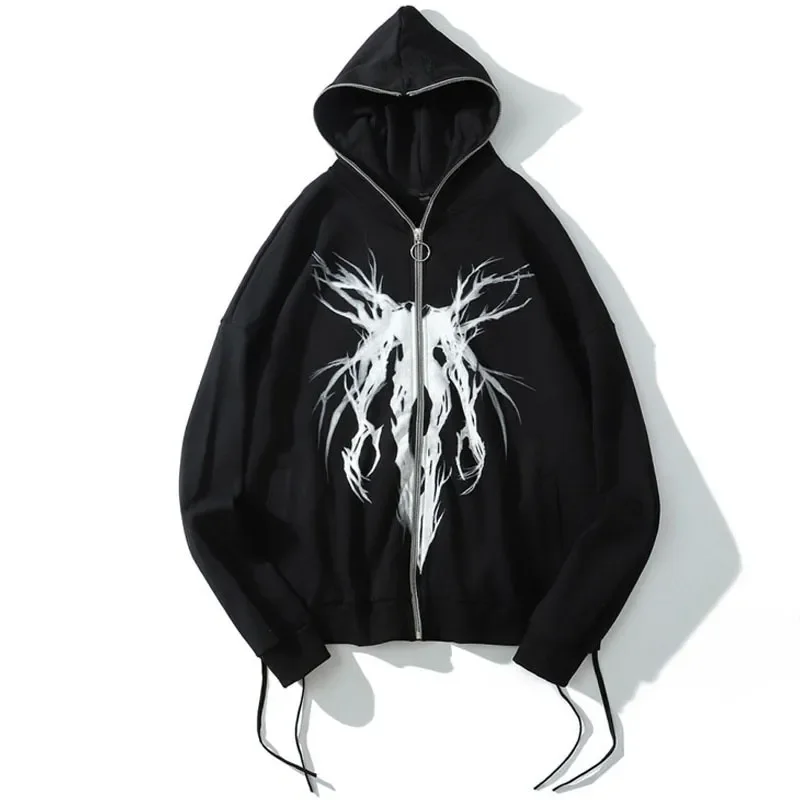 

Новинка 2023 толстовка с капюшоном на молнии и лентой с графическим принтом винтажное черное пальто Свитшот уличная одежда куртка кардиган с ...