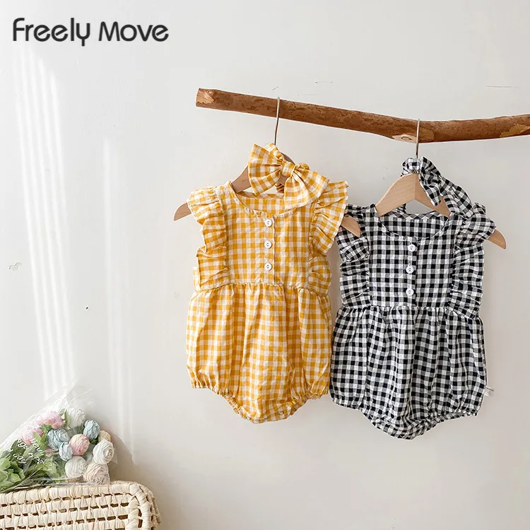 

Freely Move 2022 Baby O Neck Summer Clothing Newborn Infant Baby Girls Cotton Sleeveless Ruffles Plaid Bodysuit Jumpsuit