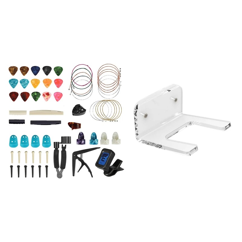 

61 шт., включая медиаторы для гитары, тюнер, каподастр, струны для акустической гитары и 1 комплект высококачественных настенных вешалных кро...