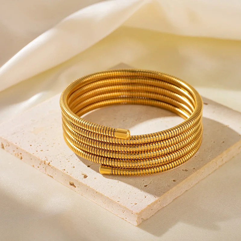 Keen-on Trendy Stainless Steel Metal Multi-Layer Wrap Arm Bracelet Bangle Gold Color Stylish Waterproof Statement Jewelry