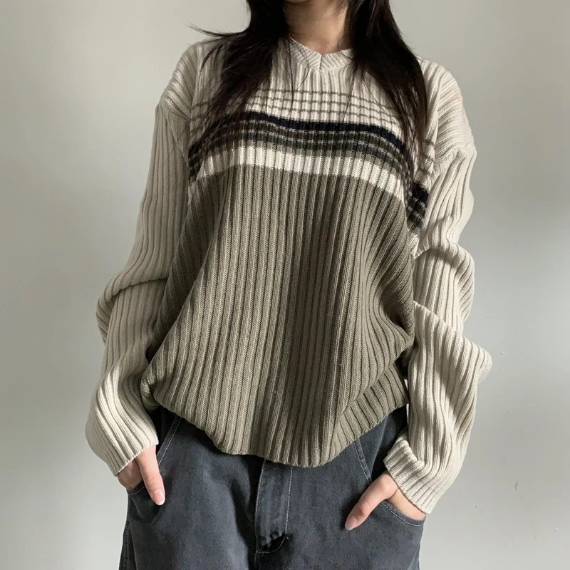 

90s Vintage Y2K Mall Goth Knitted Sweater Autumn Winter Preppy Harajuku Striped Loose Pullovers V Neck Long Sleeve Jumpers