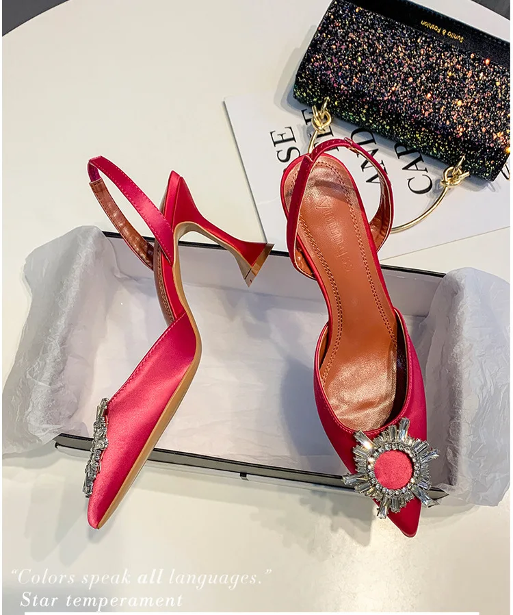 

Silk Satin Pointy Toe Rhinestone Crystal Women Pumps High Heels Shoes Big Size 41 42 Blue Slip On Women Wedding Pumps Sandal