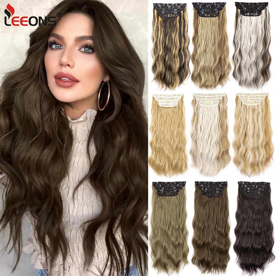 

Leeons 11 Clip In Hair Extensions Highlights Brown Wavy Hair Synthetic Hairpiece Full Head Hairpiece For Women Girl 4Pcs 20 Inch