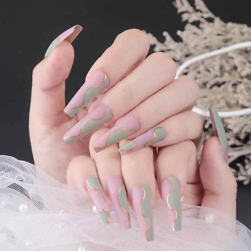 

2022 New Mint Green Fake Nail Gold Line Matte Long Ballet Nail Transparent Powder Long Wearable Removable False Nail Art