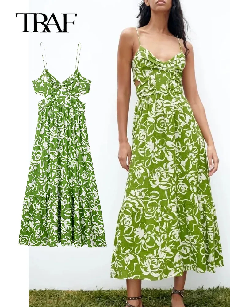 

TRAF Summer Newest Print Camisole Dress For Women 2023 Female Beach Style Square Collar Sleeveless Waist Hollow Out Chic Dress