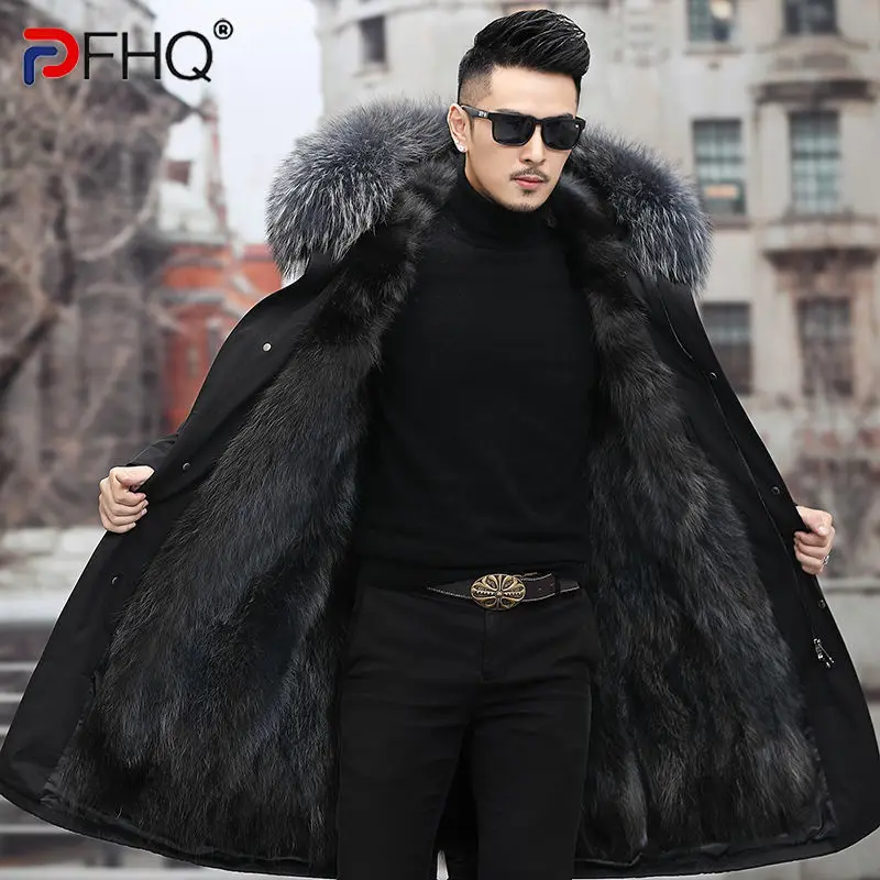 

PFHQ 2022 Winter Trendy Men's Long Coat Hooded Removable Faux Fur Liner Parka Elegant Luxury Imitation Fox Hair Collar Jackets