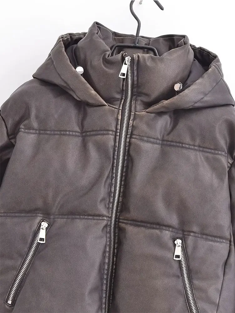 Женская парка с капюшоном Nlzgmsj TRAF 2024 из мытой кожи хлопковая куртка пальто на