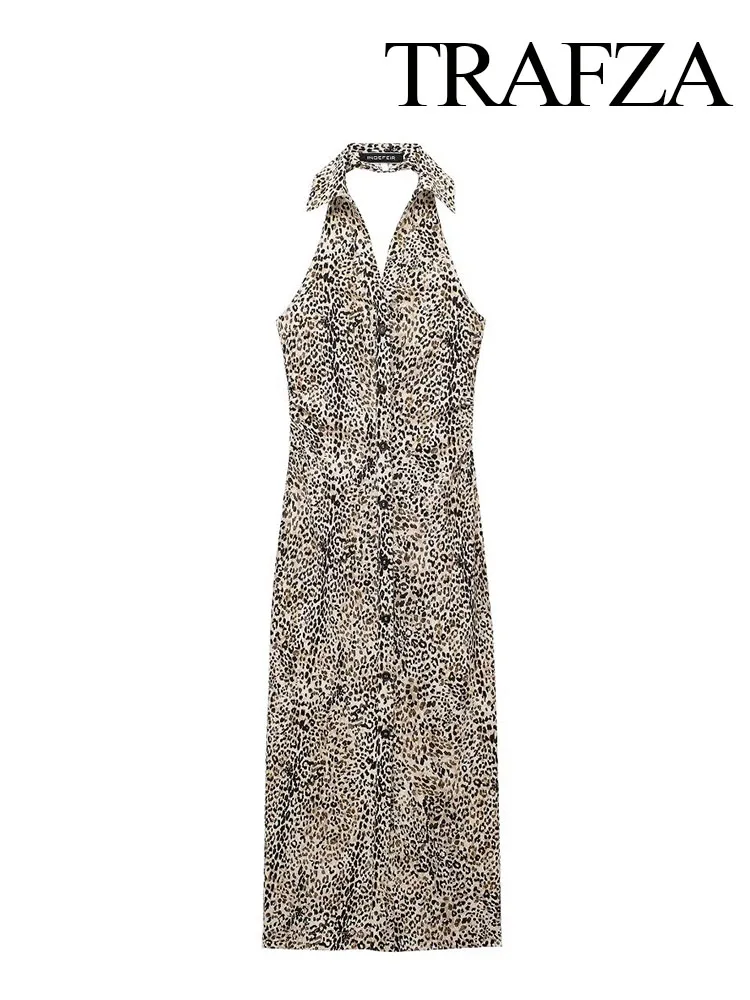 Женское платье средней длины с леопардовым принтом лямкой на шее