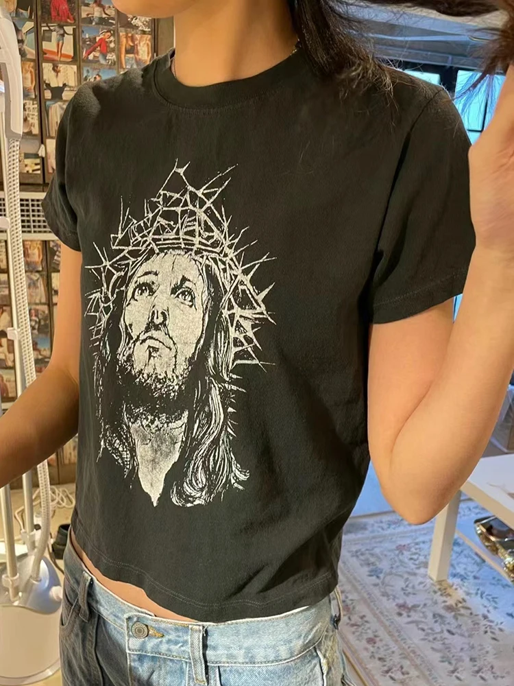 Футболка женская хлопковая с коротким рукавом винтажный портретный принт