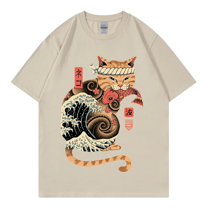 

Men T Shirt Hip Hop Streetwear Japanese Kanji Harajuku Funny Surf Cat T-Shirt Summer Short Sleeve Tops Tees Cotton Print Tshirt