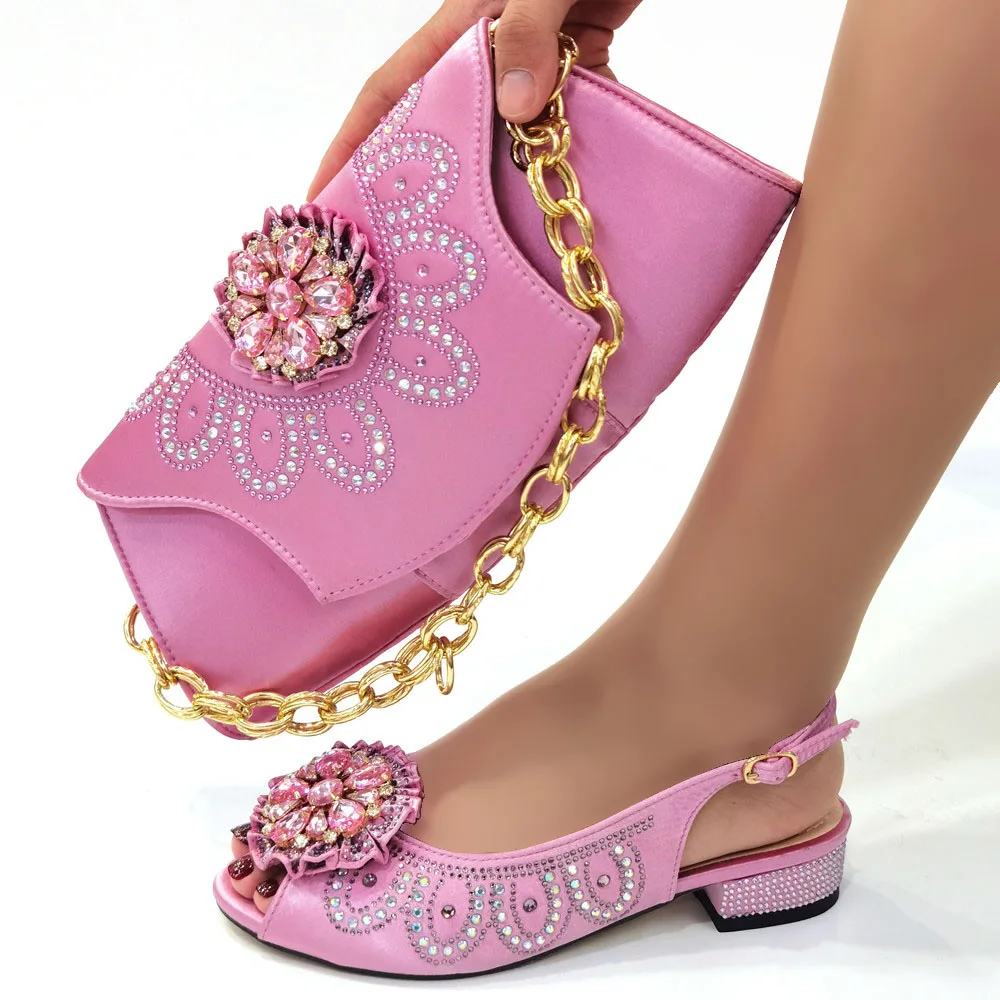 

doershow fashion lady Shoes and Bag Set Italy pink Color Italian Shoes with Matching Bag Set Decorated with Rhineston! SGR1-7