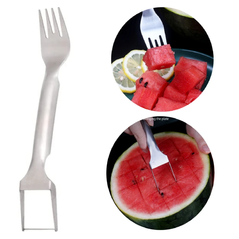 

2-в-1 Фруктовый нож в виде кубиков, нож с двойной головкой для арбуза, вилка, нож из нержавеющей стали, фоторезак, столовая посуда, кухонные приспособления