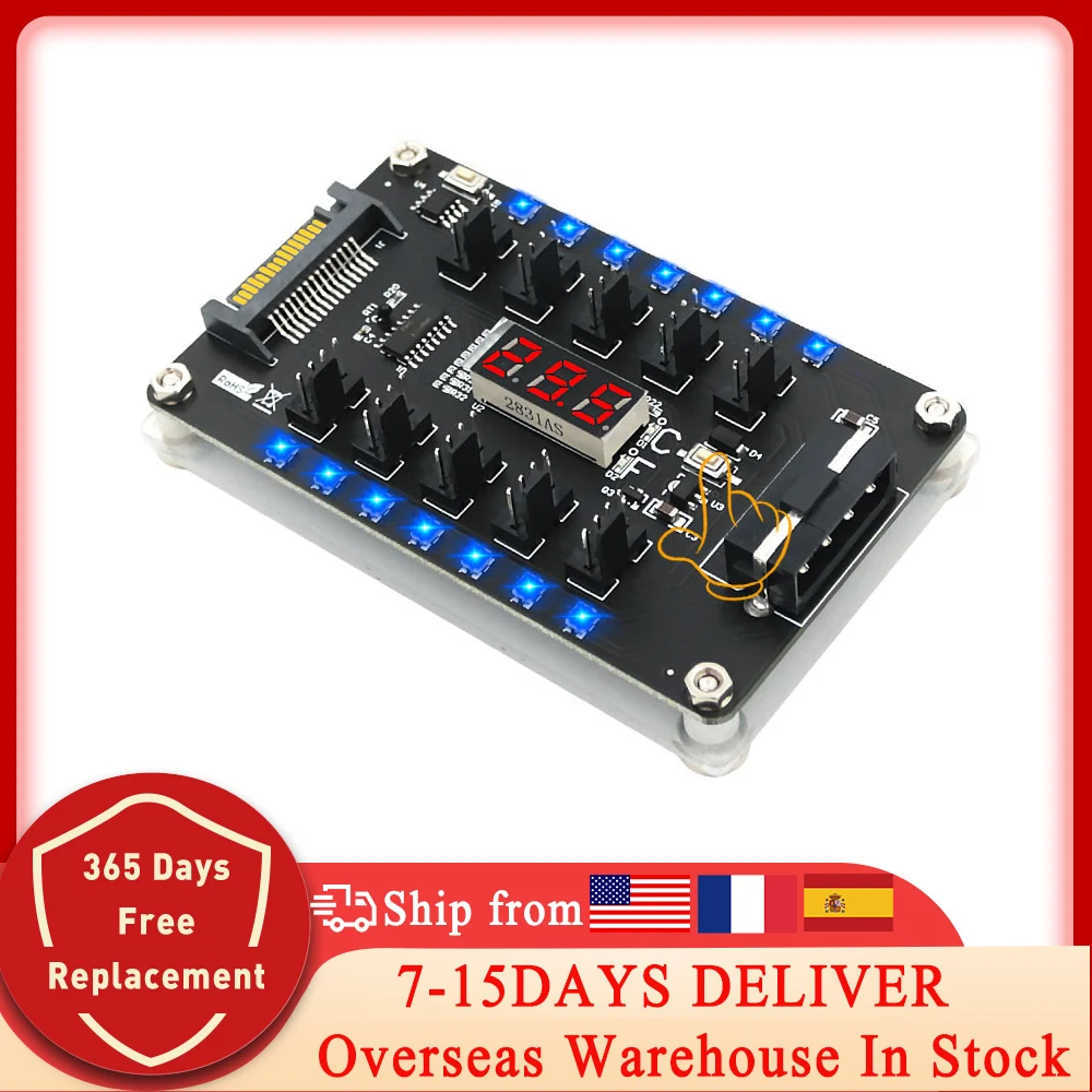 

DC 12v 3/4Pin вентилятор хаб PWM, двойной интерфейс, 10-портовый контроллер, цветная вспышка, светодиодный датчик температуры, дисплей, разделитель, ...