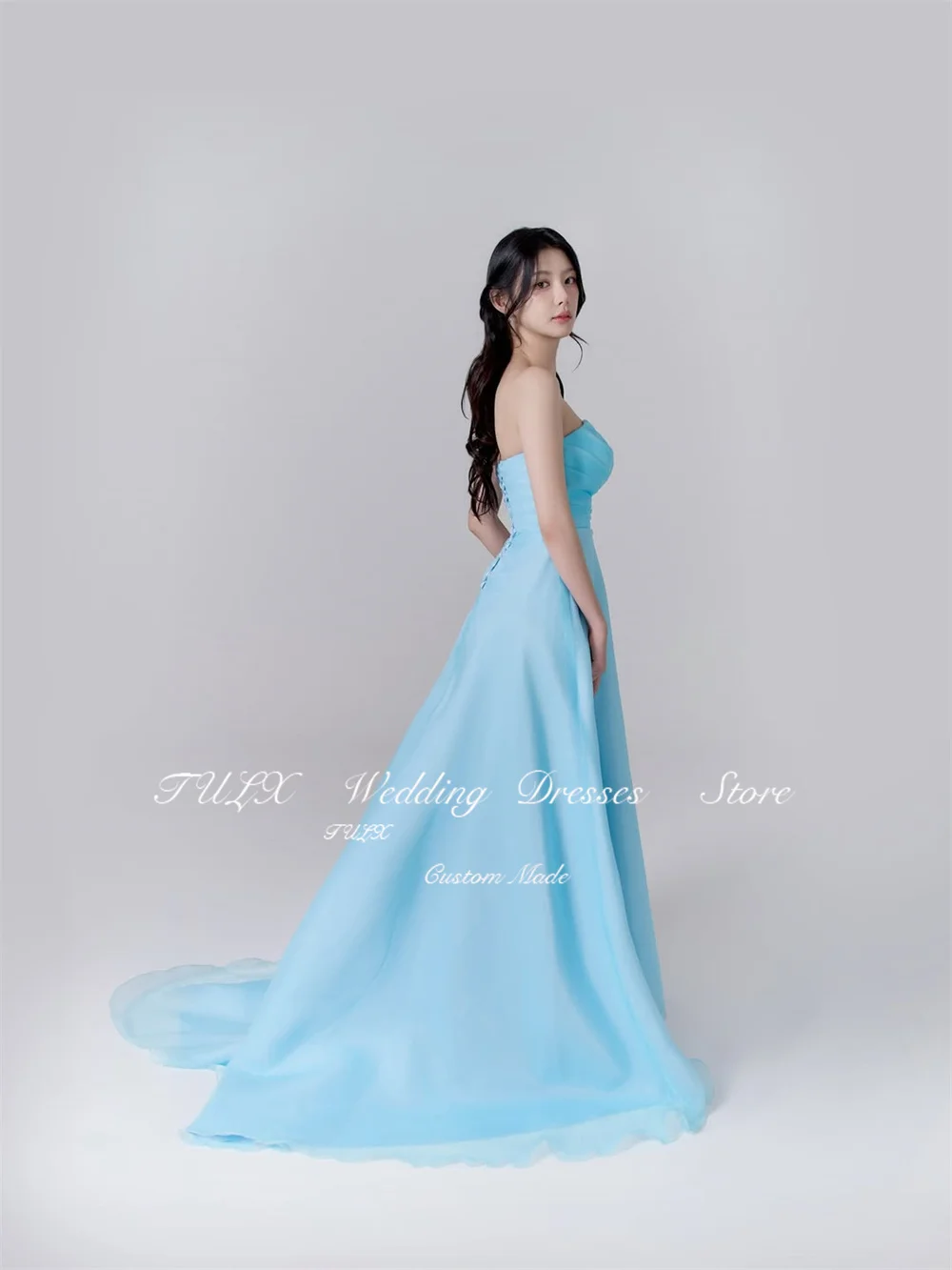 Фото Вечернее платье TULX Fairy из органзы, синее, для фотосессий в Корее, с вырезом-сердечком и шалью, платье для свадебной вечеринки, длинное платье с корсетом, на заказ. №3
