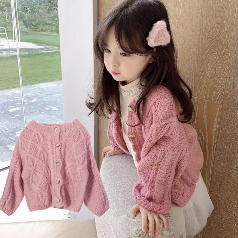 

Autumn Winter Girl Cardigan Korean Style Children's Retro Knitted Sweater Toddler Girls Thickened Cardigan Girl's Coat Sweater
