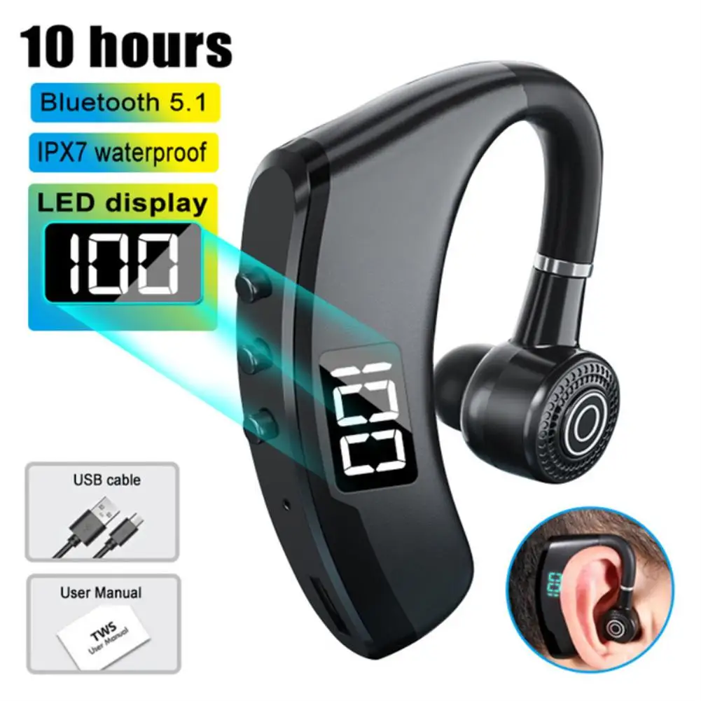 

V9 Pro Wireless Bluetooth 5.2 Headset Led Smart Display Business Handsfree Earhook Earphones With Microphone