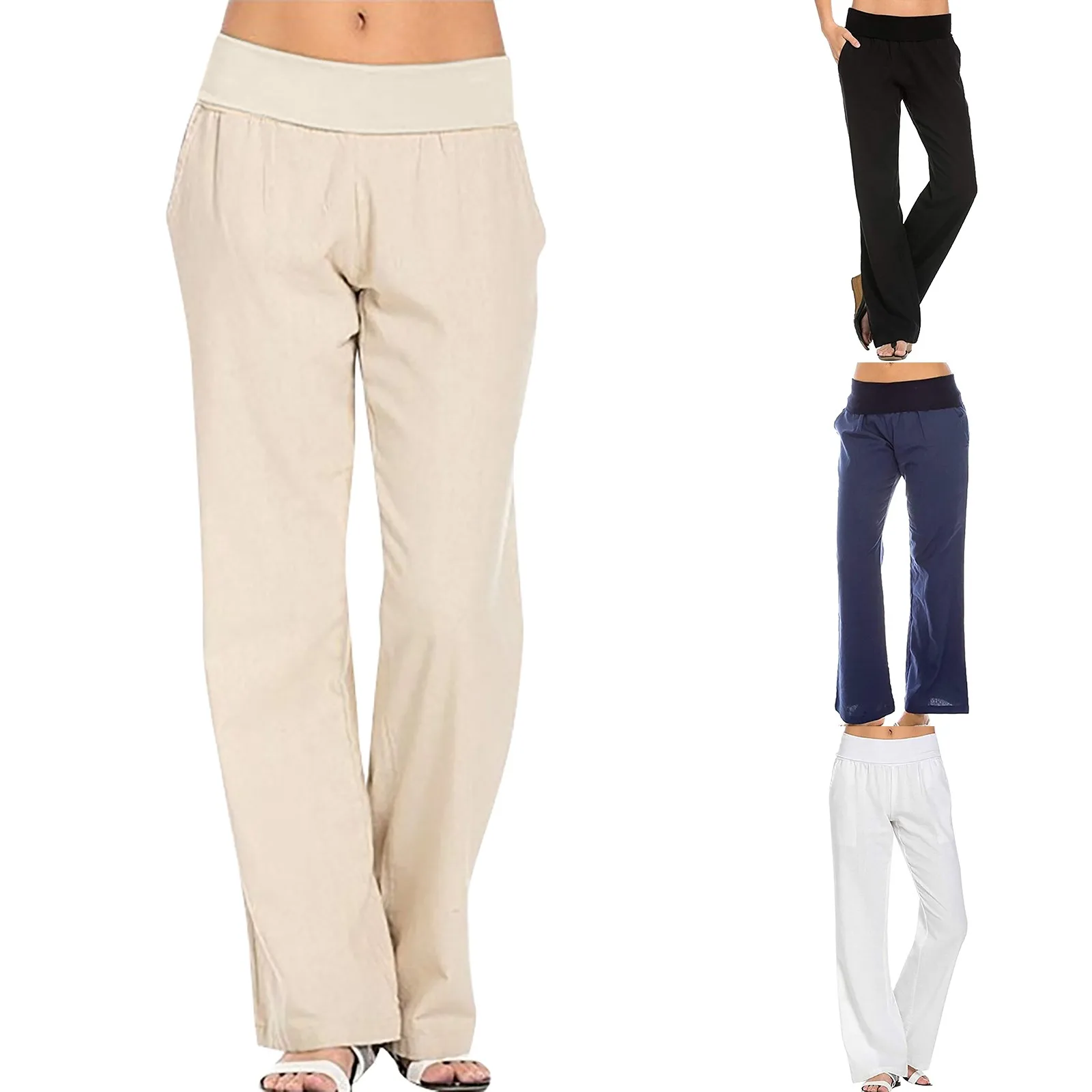 

Women'S Pocket Solid Color New Women Pants Office Lady Cotton Fashion Drawstring Loose Pockets Casual Straight Wide Leg Trousers