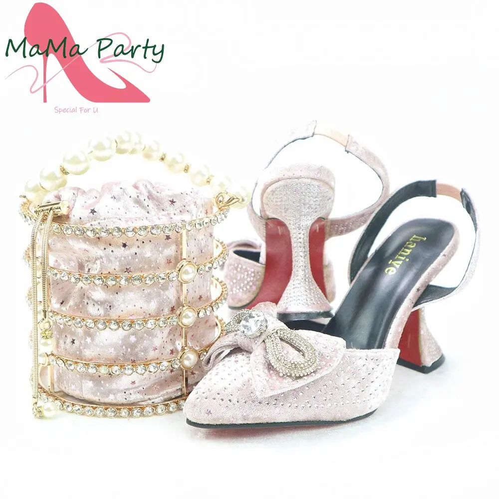 

2022 New Coming Italian Women Shoes Matching Bag Set in Pink Color Comfortable Heels with Shinning Crystal For Party