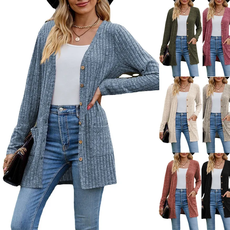 

2023 Autumn New Women's Wear Women's Brushed Pit Stripes Solid Color Long sleeved Women's Cardigan Coat Wool for warmth