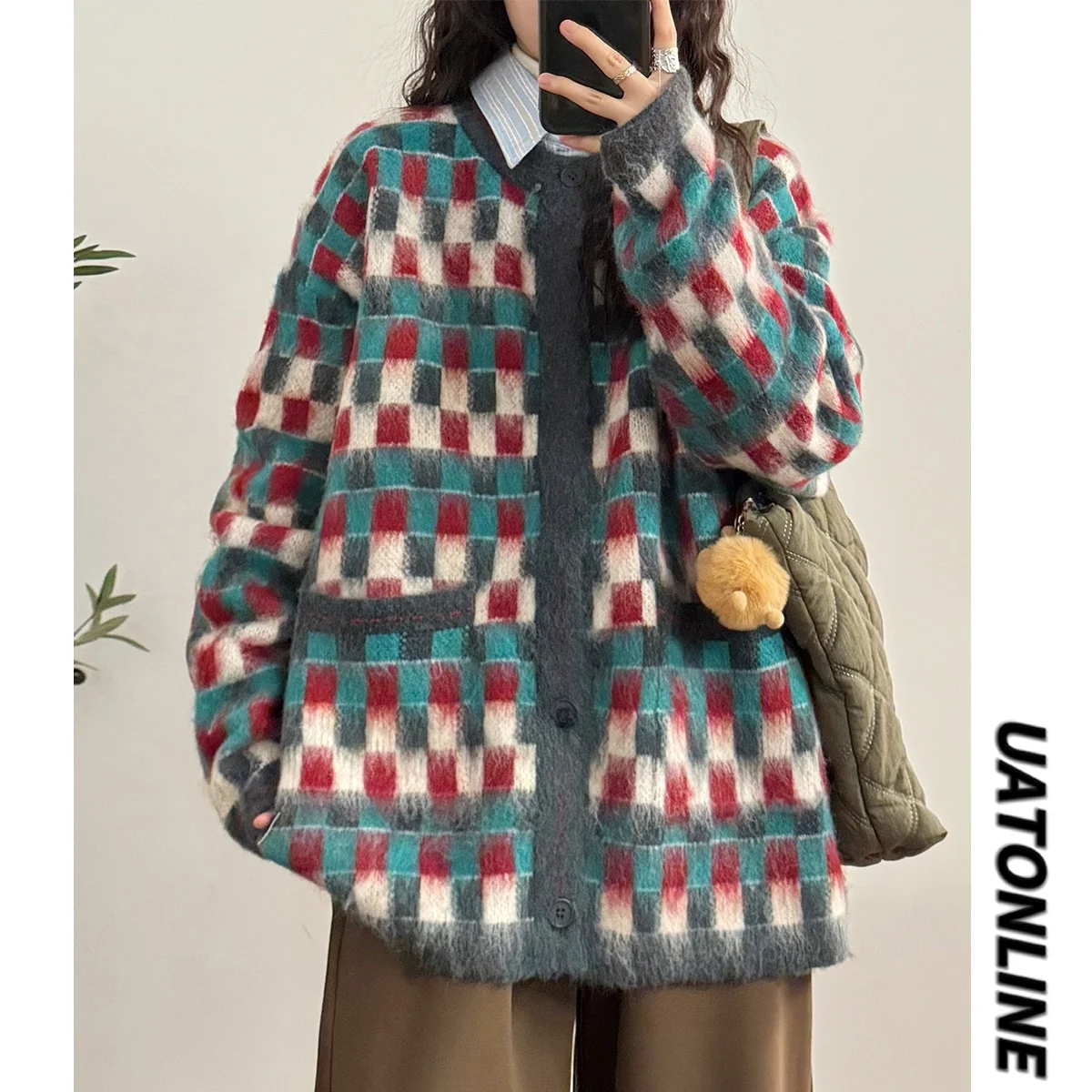 Uatonline2024 Осенне-зимний американский винтажный вязаный кардиган в клетку