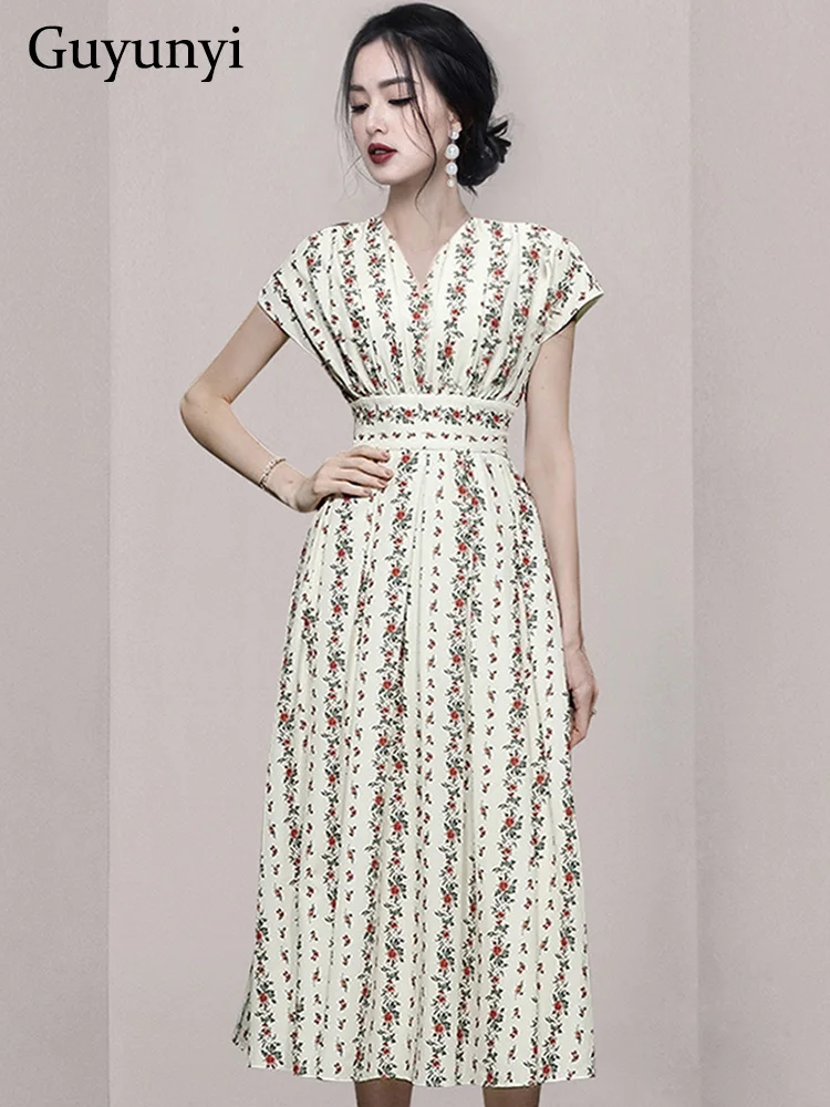 

Temperament Vintage Dress Summer Flower Printed V-Neck Pleated Ultra Short Raglan Sleeves High Waist Line Elegant Party Dress