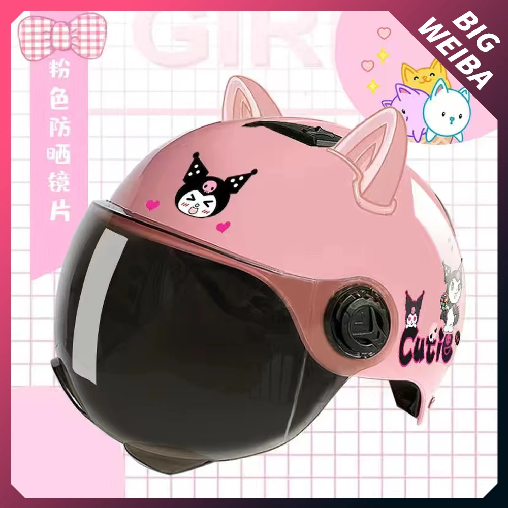 

Kawaii Kuromi Moto Electric Motorcycles Half Helmets Cartoon Cute Pink Ears Duck Windmill Sticker Visor Helmet Girl Gift