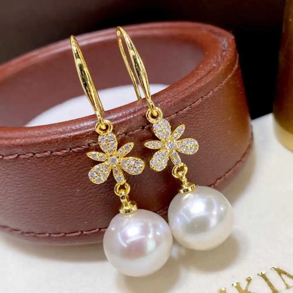 

9-11MM natural freshwater pearl earrings with 18K flowers Holiday gifts Diy Ear stud Easter Cultured Wedding Classic