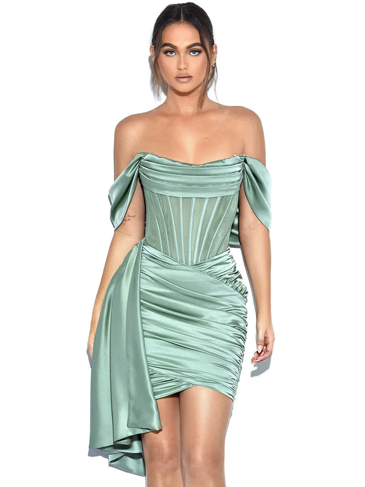 New Green Satin Draping Off Shoulder Corset Dress Elegant Backless Pleated Slim Mini Dress Celebrity Club Night Party Evening