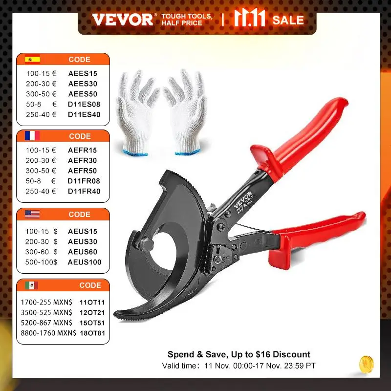 

VEVOR 10/11 in Ratcheting Cable Cutter Quick-Release Ratchet Wire and Cable Cutter Cut with Comfortable Grip Handles Easy to Use