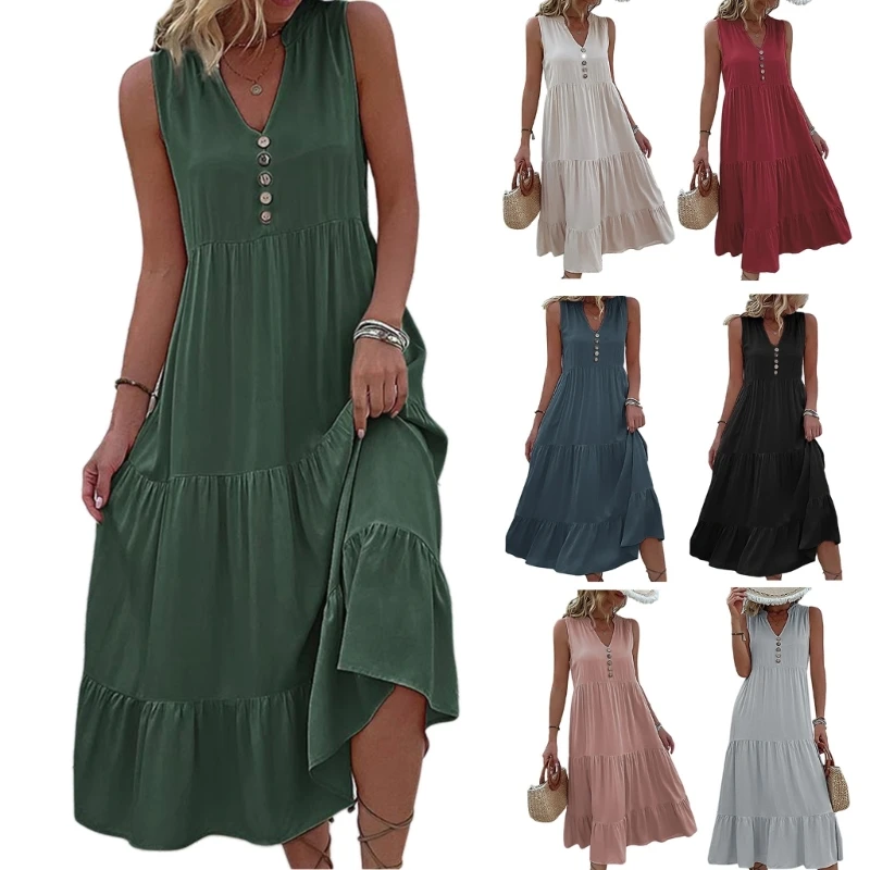 

Flowy Hem Dress Solid Color Sleeveless V-neck Ruffle High Waist Straight Loose Fit Straight Dresses for Daily Wearing P8DB