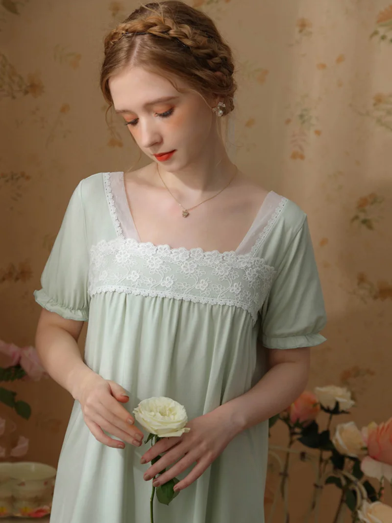 Women Summer Cotton Victorian Fairy Nightgowns Short Sleeve Ruffles Nightdress Vintage Princess Pajamas Sweet Loose Sleepwear
