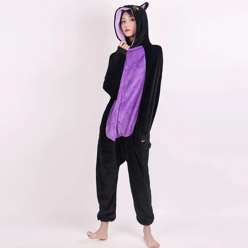 New Black Cat Kigurumi Onesie Animal Halloween Costume Winter Flannel Plush One Piece Pajamas Cosplay Jumpsuit for Women and Men