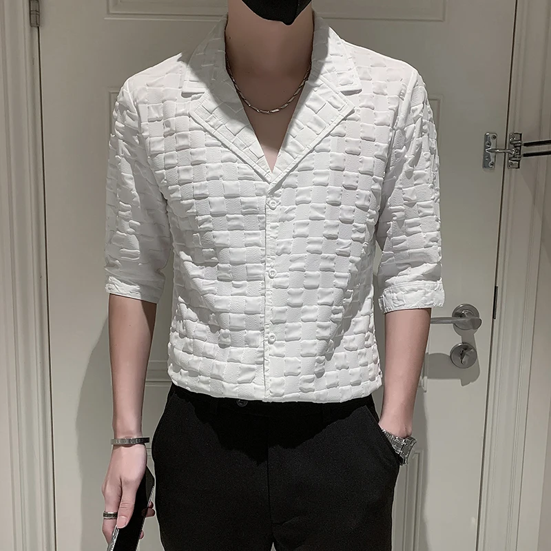 2022 Summer Korean Style Shirt Man Half sleeve V-collar Masculina Shirts/Male Slim Fit Plaid Business Dress Shirts White Black