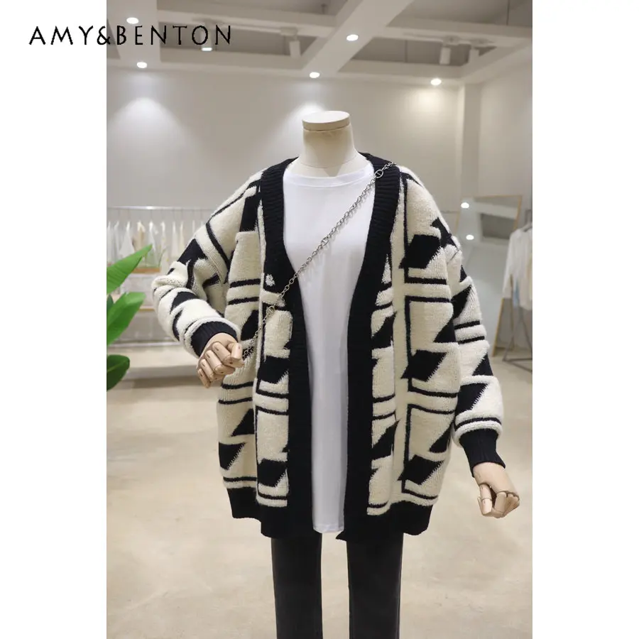 Personalized Jacquard Knitted Sweater Autumn and Winter Loose Slimming Mid-Length Thickened Warm Cardigan Sweater Coat for Women